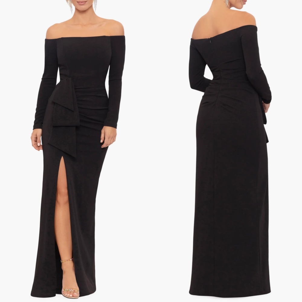 NWT..Xscape Black Off-Shoulder Long Sleeve Evening Gown - Picture 2 of 16